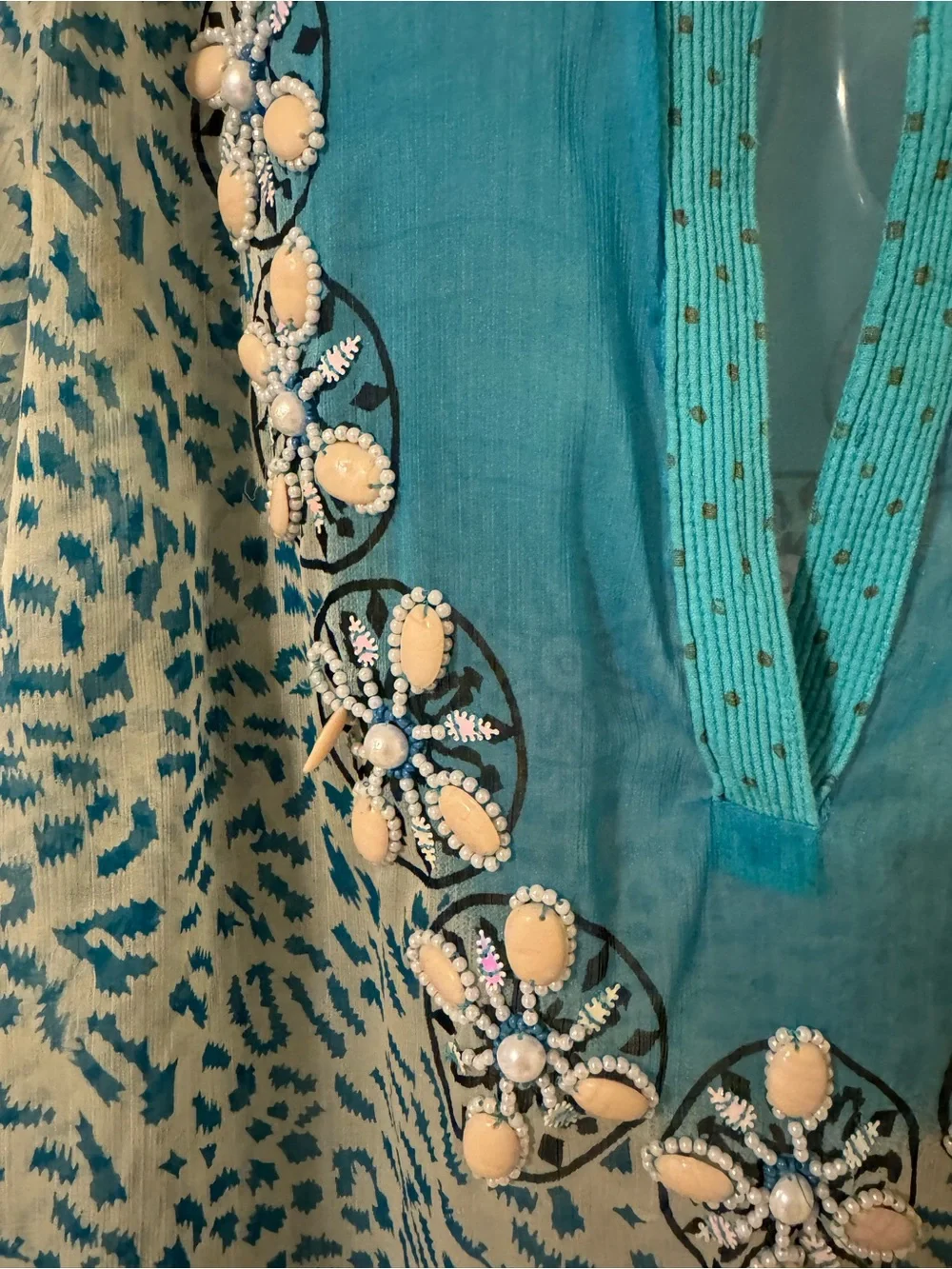 Turquoise Hand Beaded Women's Swim Coverup Size 2X - Picture 5 of 9